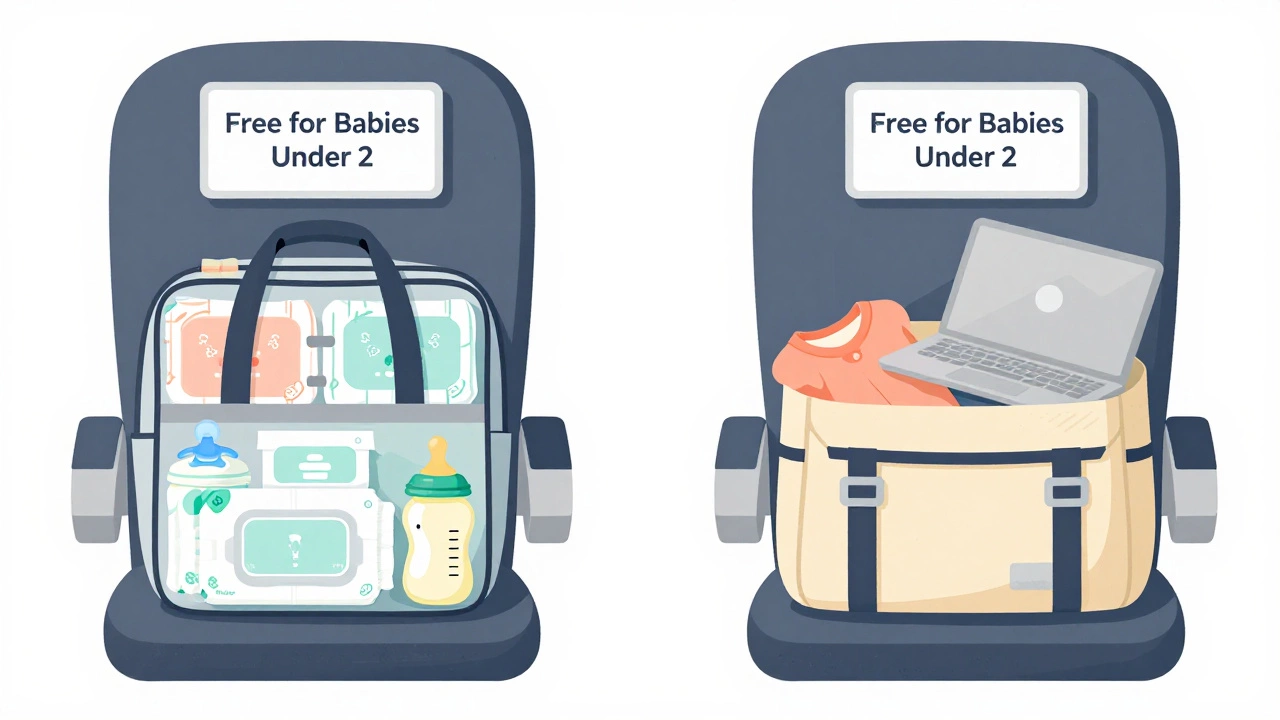 Side-by-side view of properly packed vs. overloaded diaper bag under airplane seat.
