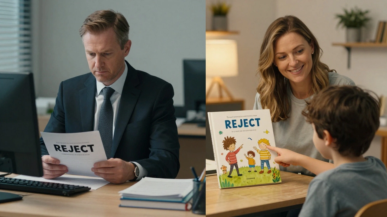 Split scene: a rejecting editor in an office vs. a parent-author holding a professionally published children's book at home.