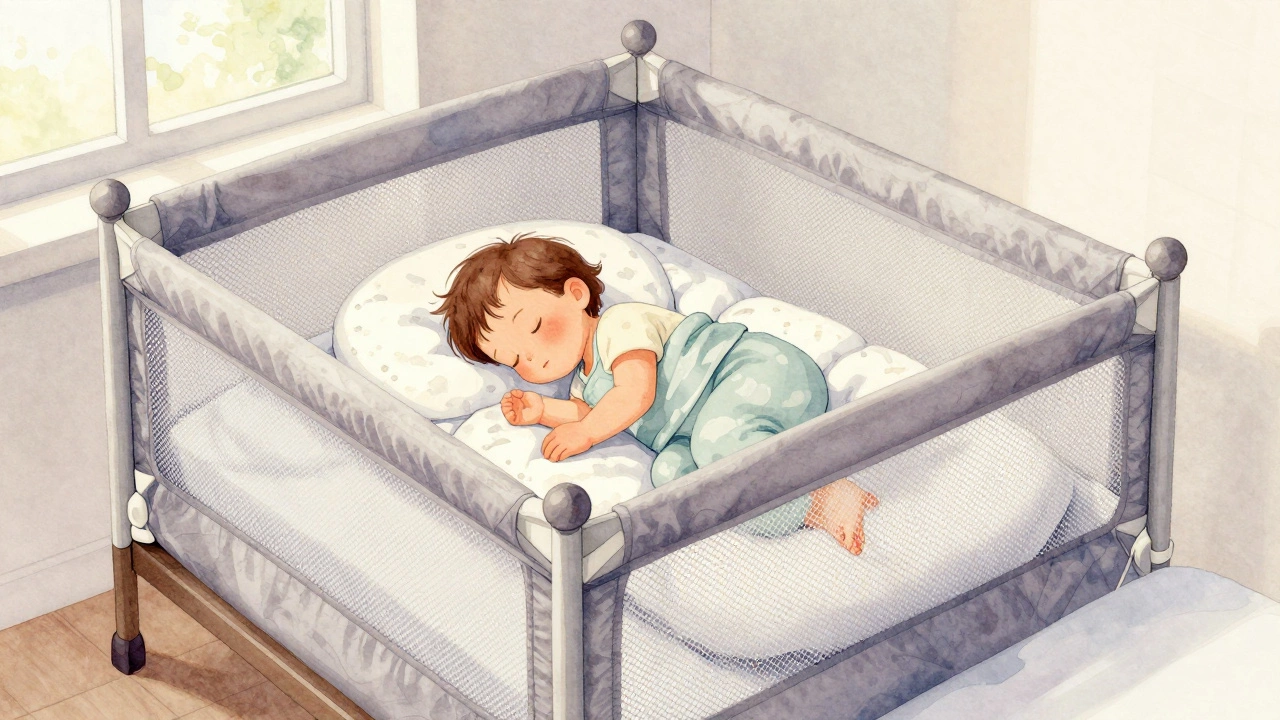 Toddler sleeping in bedside sleeper attached to parent's bed.