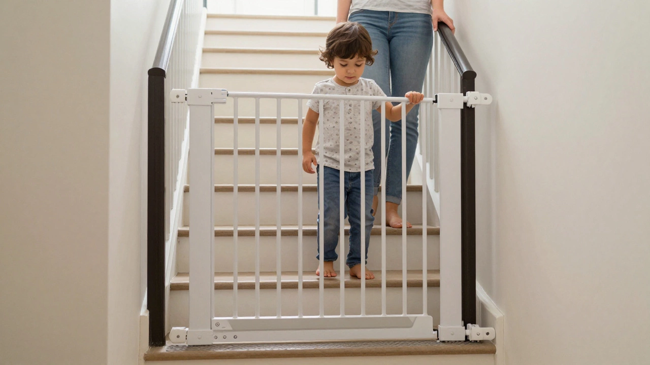 Two baby gates in place at top and bottom of stairs, child walking up while holding the railing.