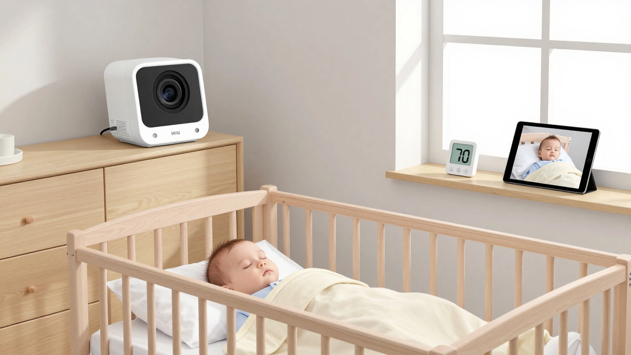 A baby monitor camera placed six feet from a crib, angled away from the baby’s face, with a tablet showing the feed and a thermometer on the windowsill.