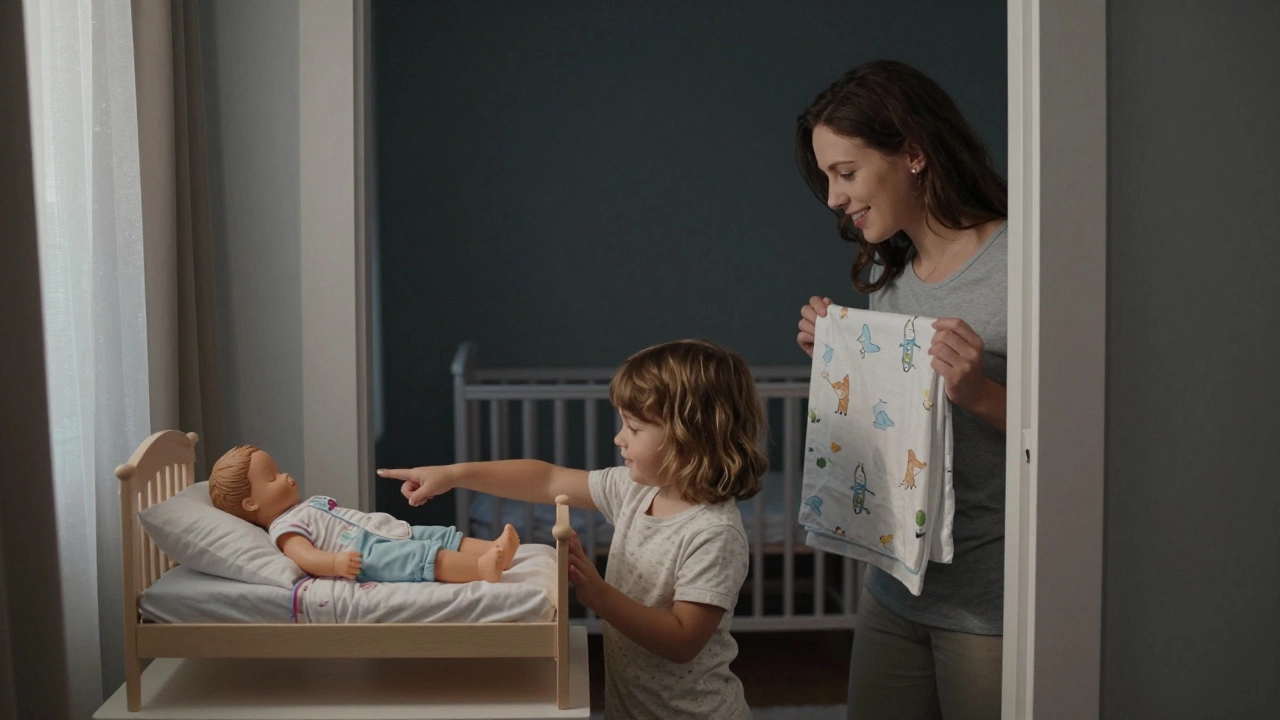 A child pointing to a doll in a mini bed as parents prepare for the transition.