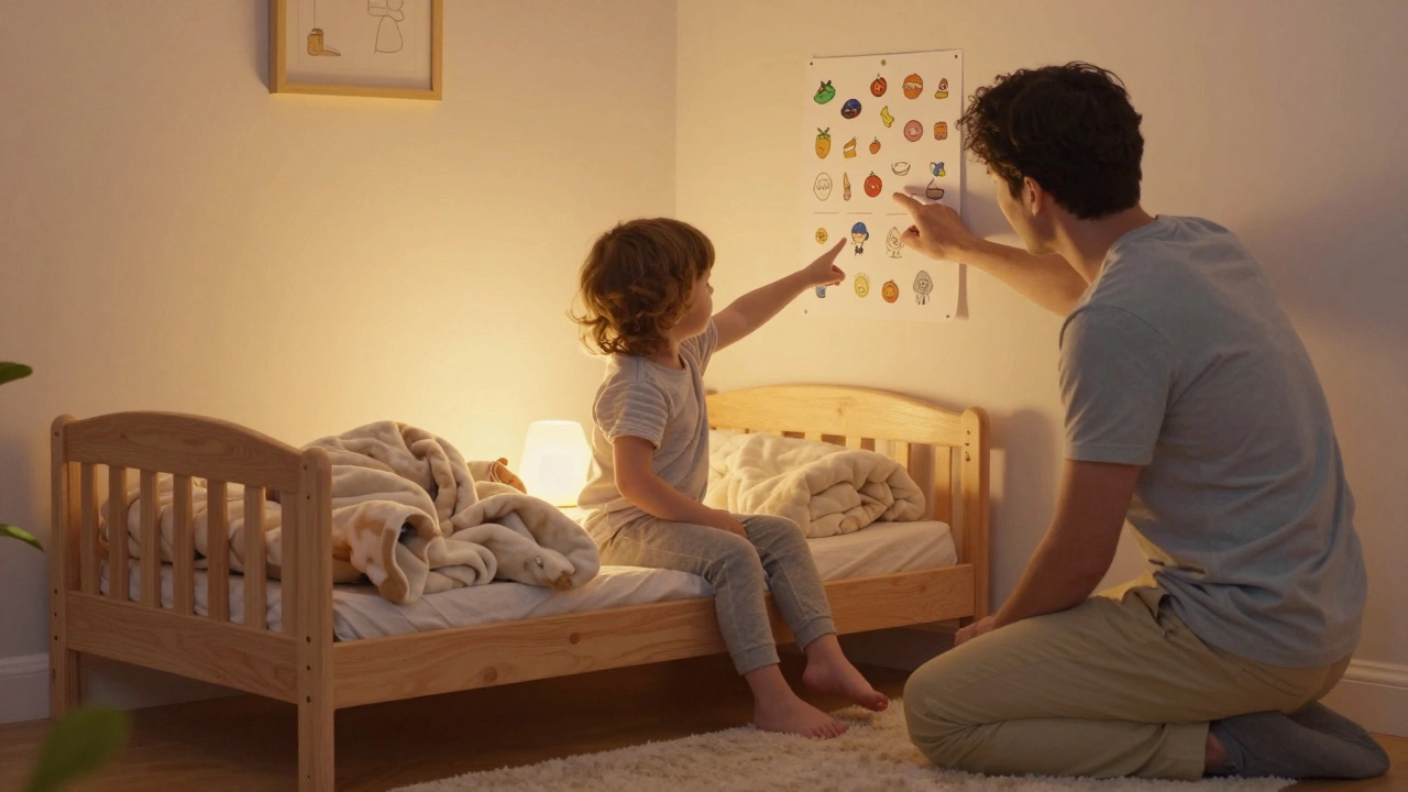 A child selecting bedding for a new toddler bed with safety rails.