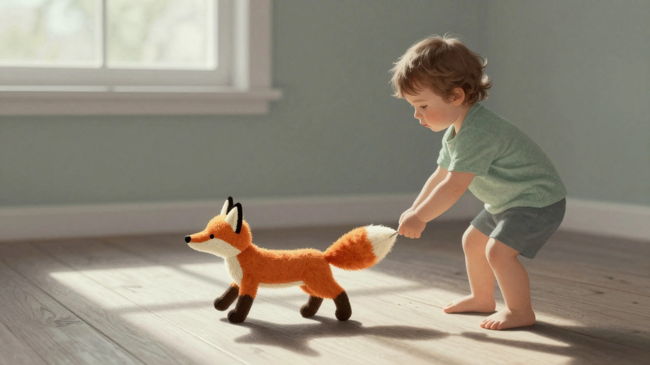 A toddler gently dragging a small fox plush toy across a wooden floor during quiet play.