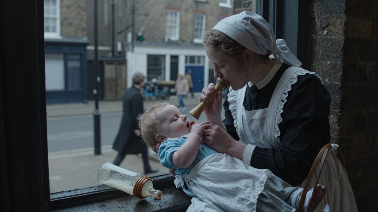A wet nurse feeding a child with a wooden horn while a dirty baby bottle sits nearby.