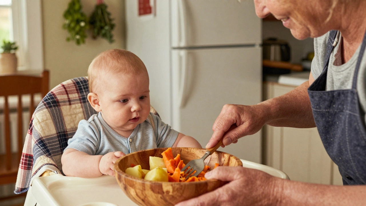 An Amish grandmother mashing vegetables for a baby’s first solids in a wooden bowl, the child watching intently from a high chair.