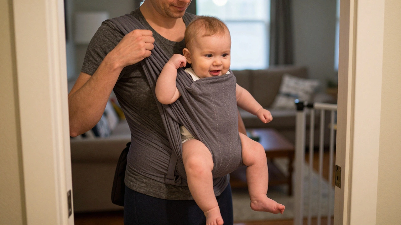 Baby in a Moby Wrap with legs dangling, pulling at the fabric, indicating unsafe hip positioning and poor support.