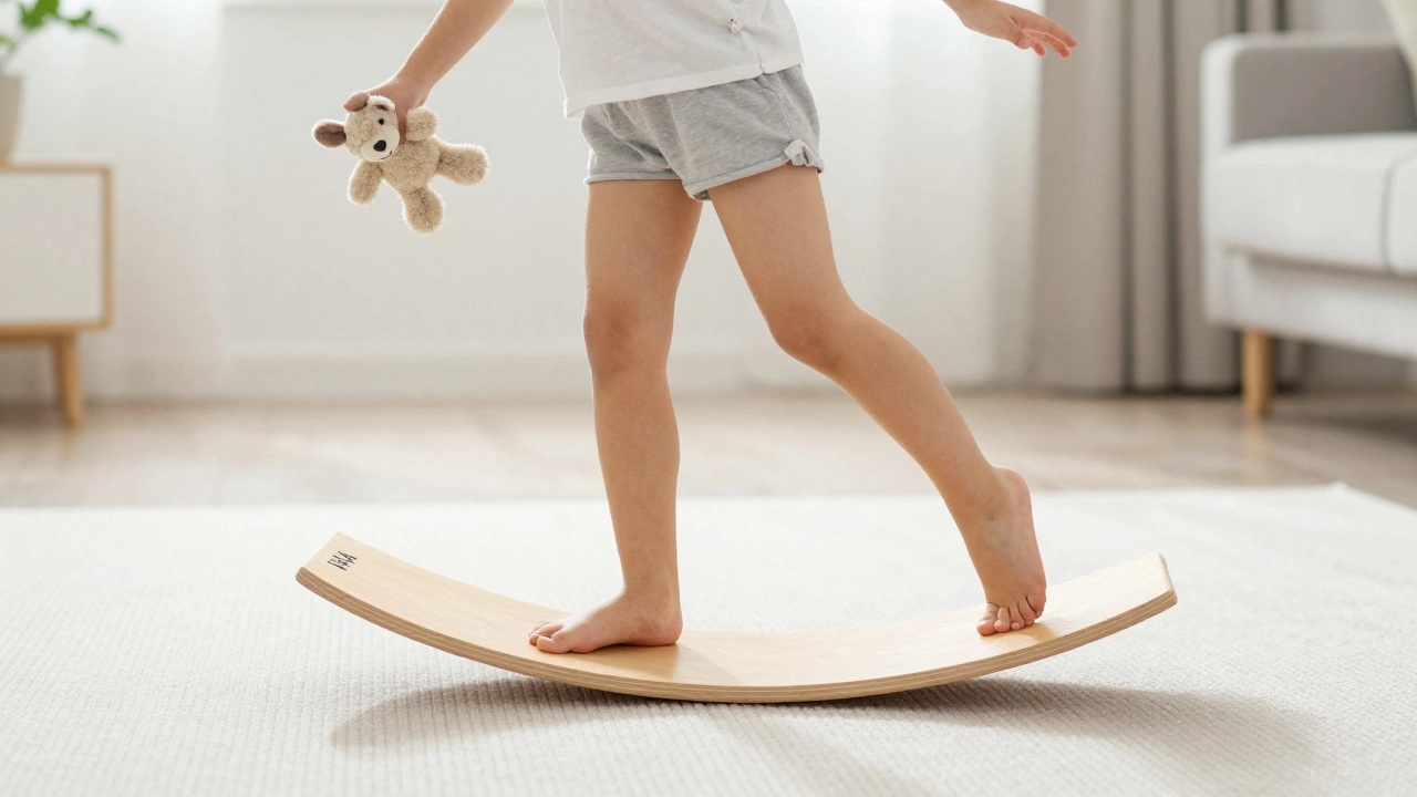 Child balancing on a wooden board while holding a stuffed animal.