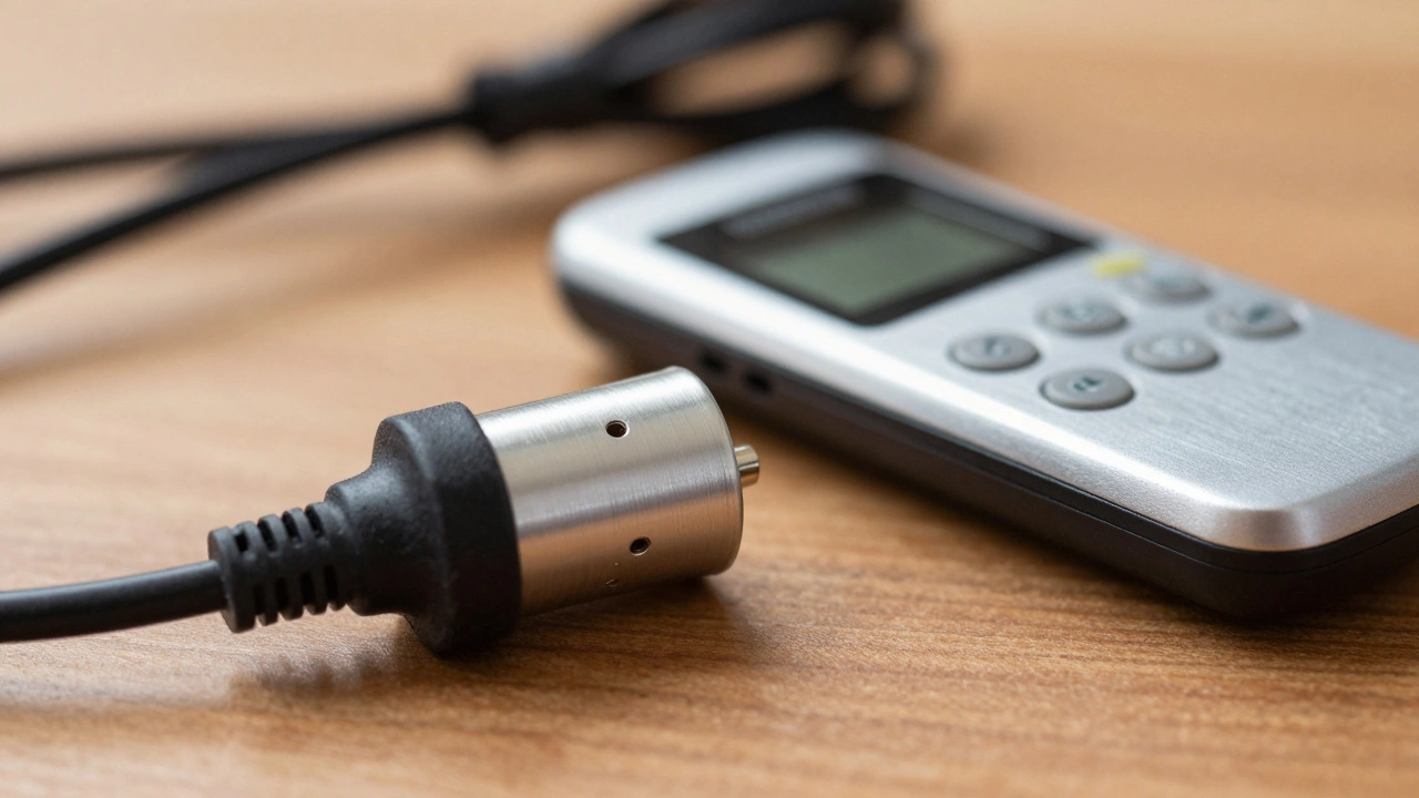 Close-up of baby monitor hardware and ferrite noise filter core.