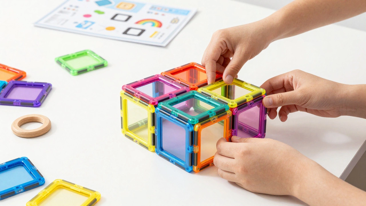 Hands building with magnetic tiles