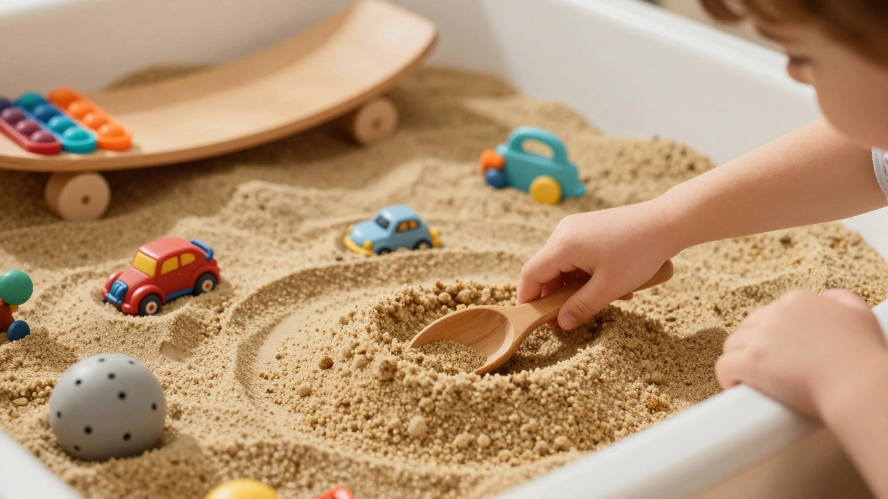 Hands digging through sensory bin filled with kinetic sand and small toys.