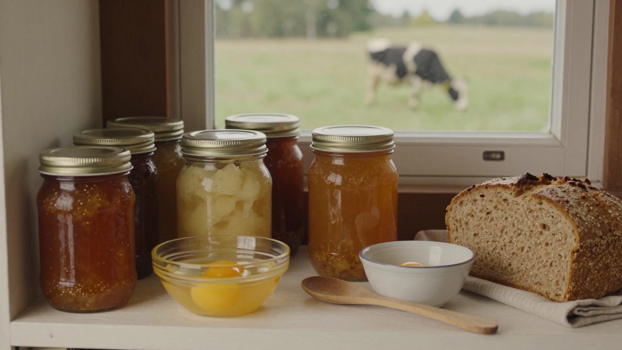 Homemade Amish baby foods stored in glass jars: applesauce, mashed potatoes, and bone broth beside fresh egg yolks and whole grain bread.