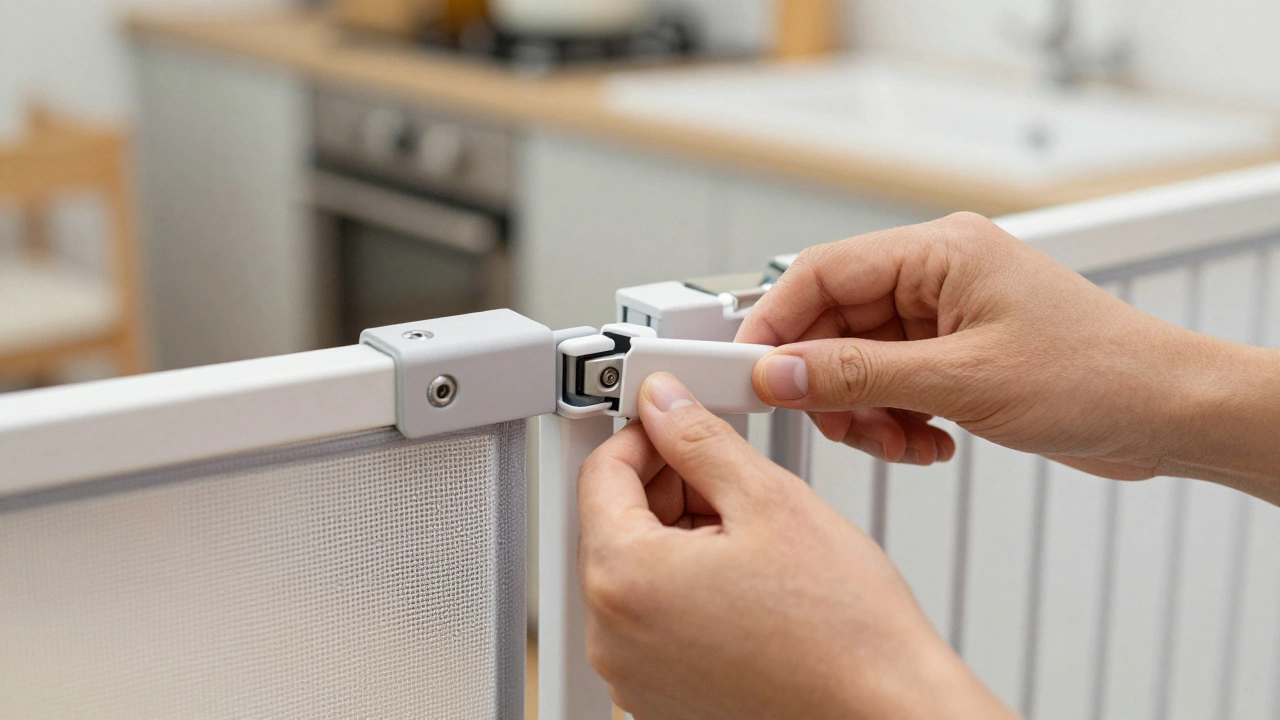 Parent inspecting baby gate latch during monthly safety check