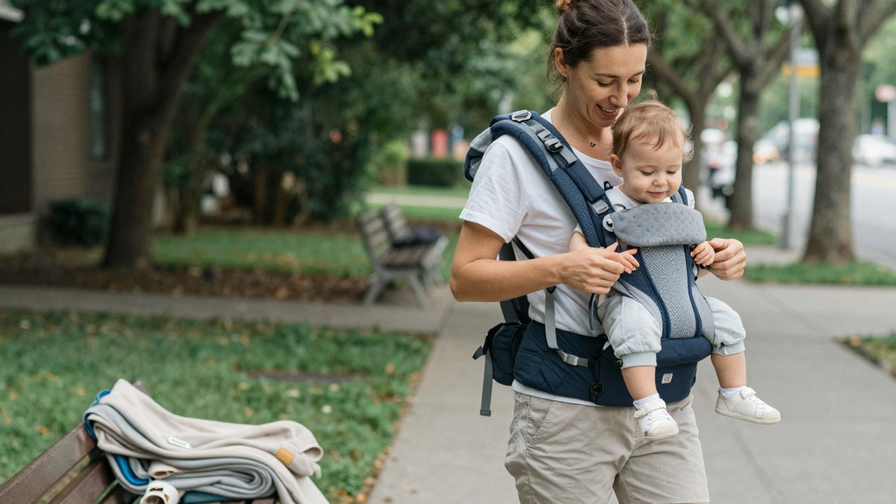 Parent using a structured carrier to securely hold a toddler facing outward, with the old Moby Wrap left on a bench.