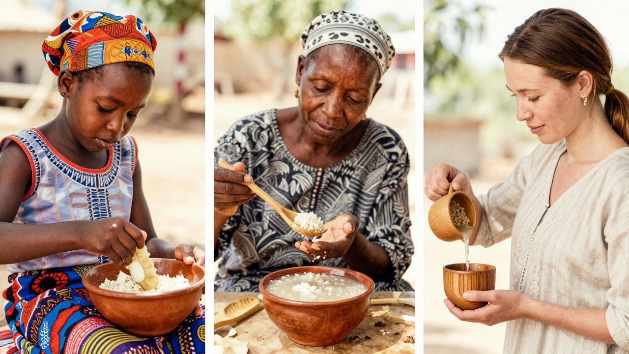 Three cultural traditions of feeding infants: yam mash, rice porridge, and barley broth.