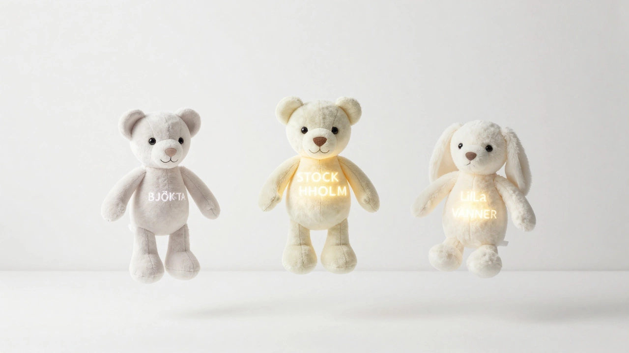 Three minimalist IKEA plush toys floating in white space, symbolizing sensory, emotional, and imaginative development.