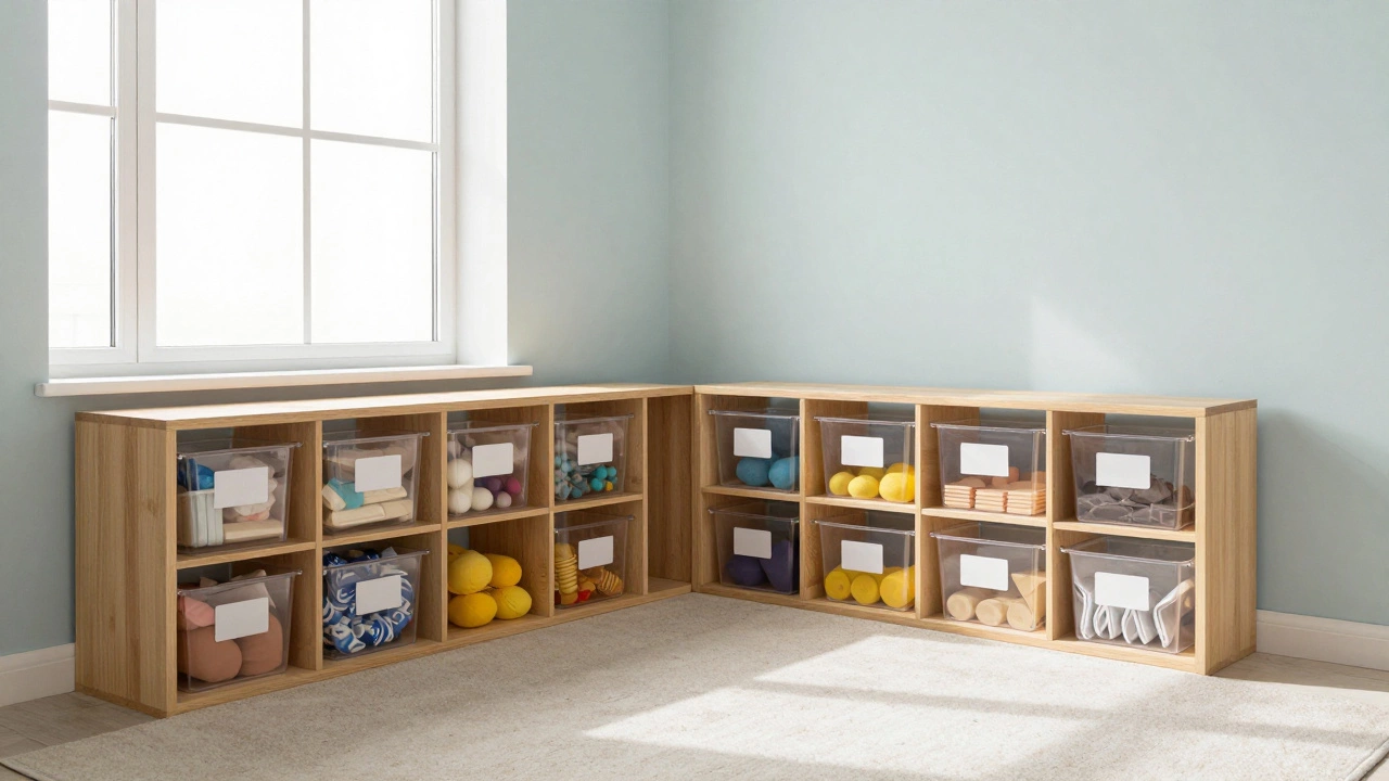 Tidy playroom with clear storage bins