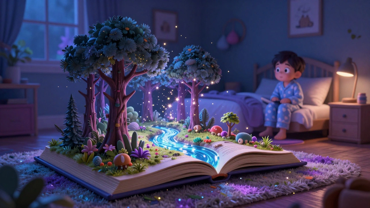 A child's room transforming into a magical fantasy world emerging from an open book.