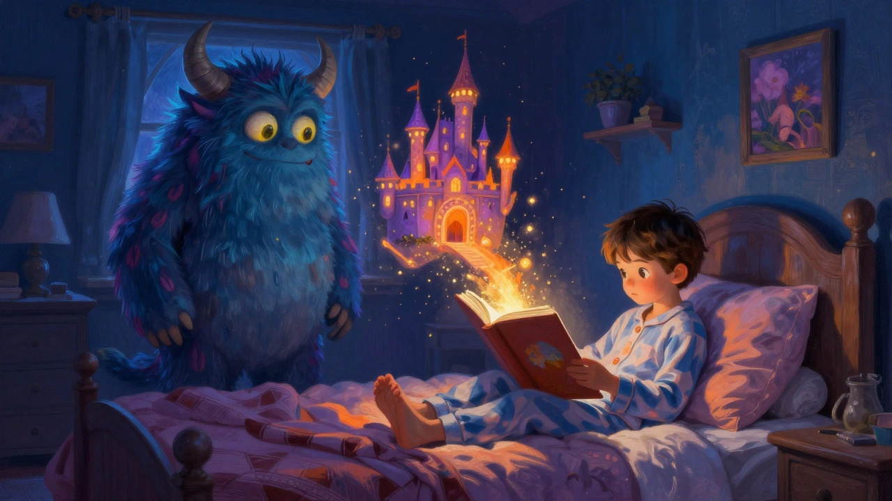 A child reading a book as magical monsters and castles emerge from the pages.