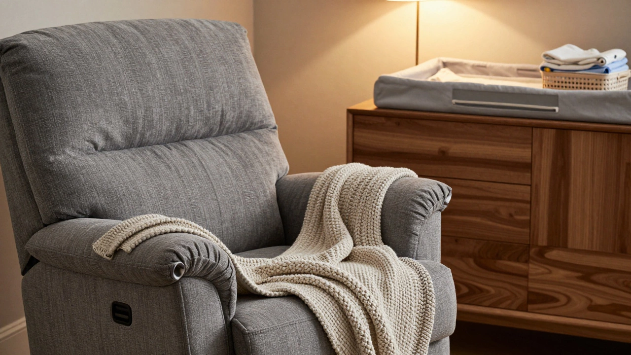 A cozy nursery corner with a grey glider chair and a dresser with a changing pad.