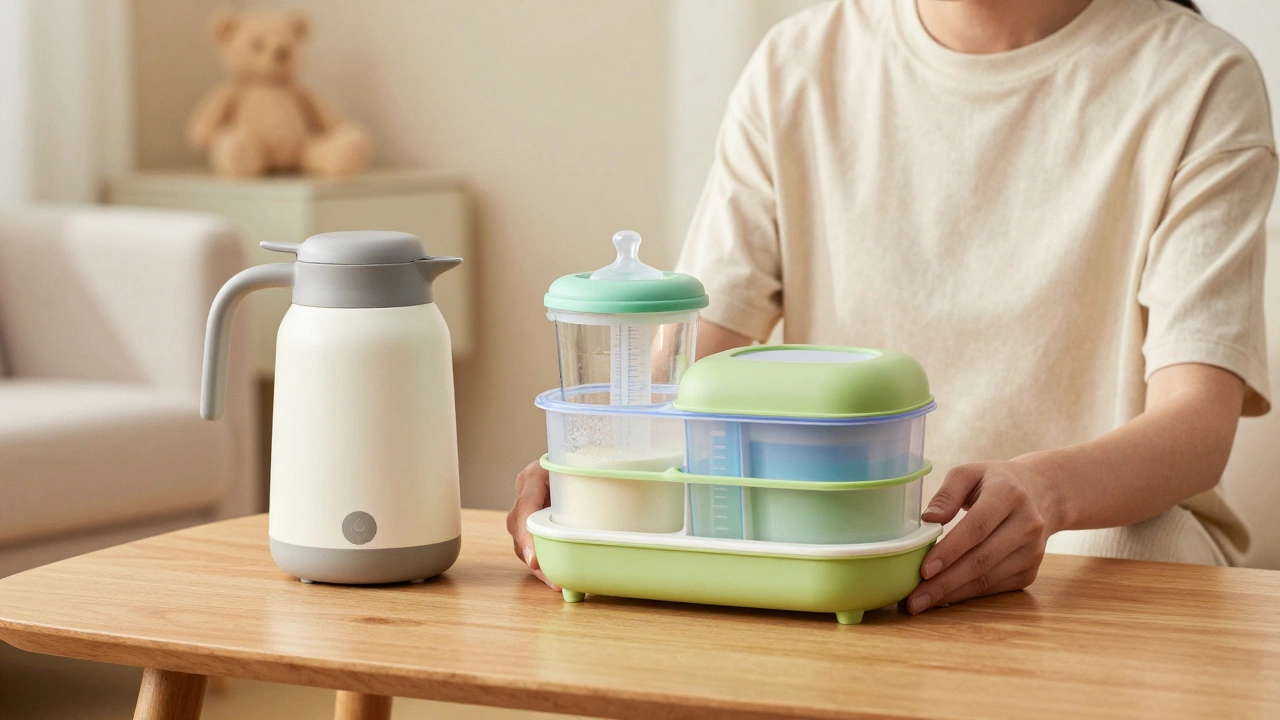 A formula dispenser and thermal flask of water ready for on-the-go baby feeding