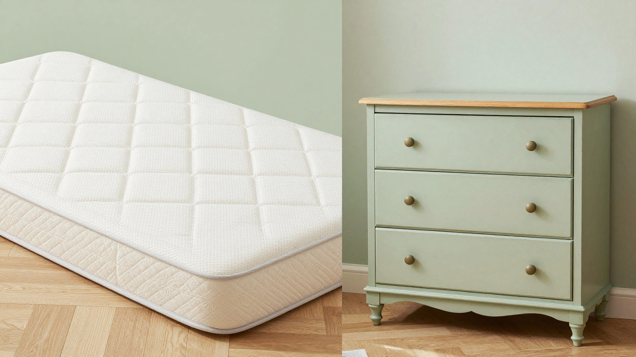 A high-quality baby mattress paired with a refurbished vintage wooden dresser.