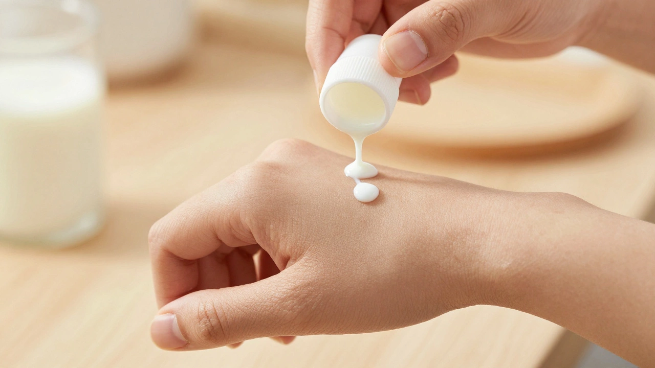 A parent testing the temperature of baby milk by dripping it on their wrist.