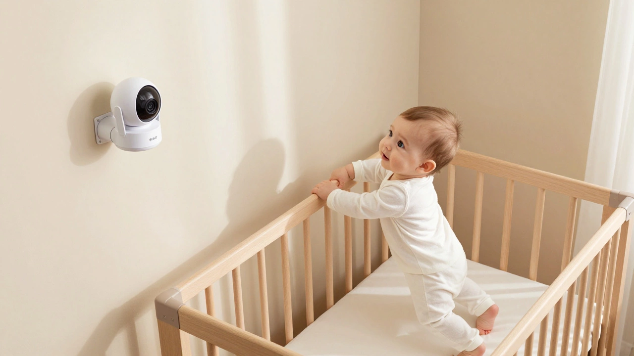 An 8-month-old baby pulling up in a crib viewed from a wall-mounted video monitor