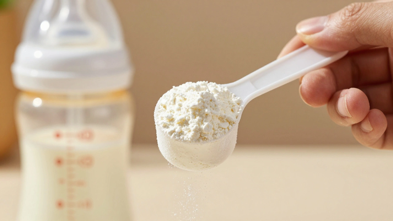 Close-up of a scoop of baby formula powder being leveled off for an accurate ratio