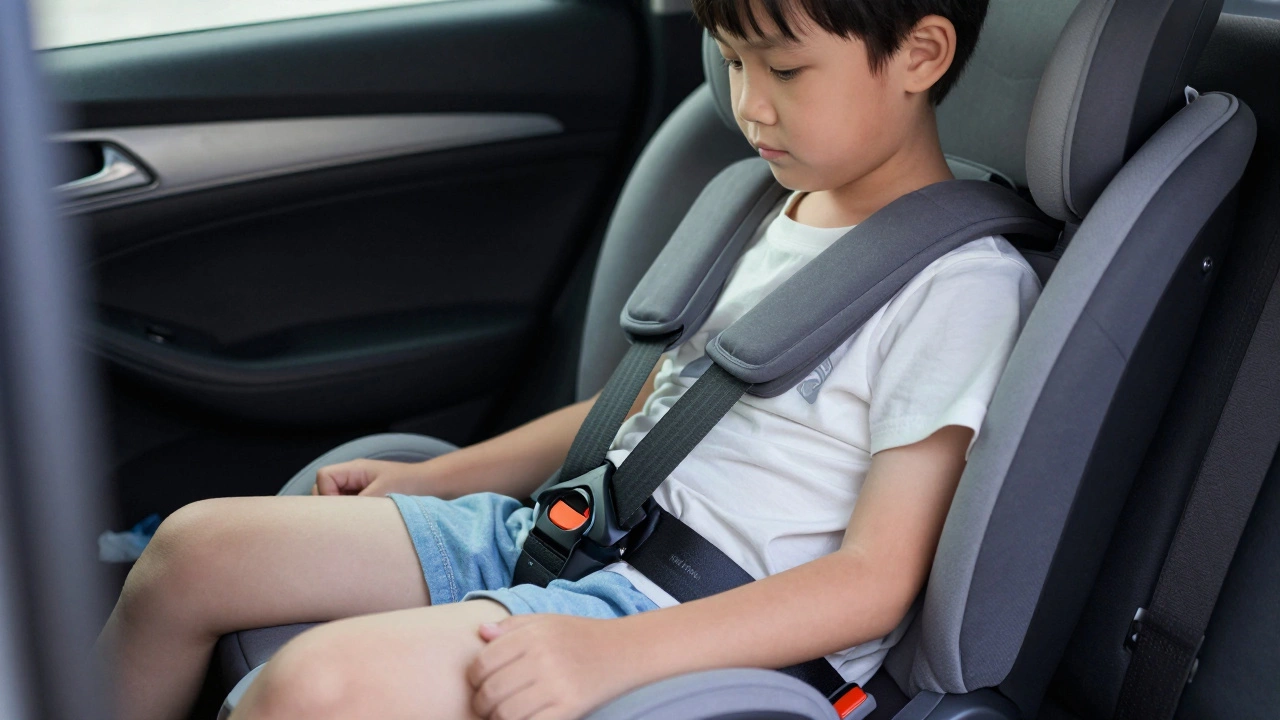 Correct placement of a vehicle seat belt on a child using a high-back booster seat