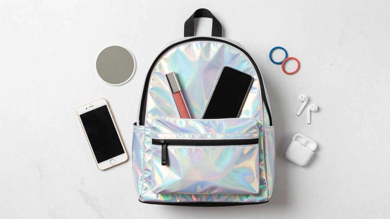 Flat-lay of a holographic mini backpack with a phone, lip gloss, and earbuds