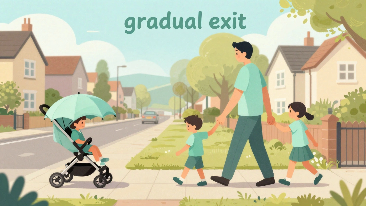 Illustration showing a child transitioning from a stroller to walking