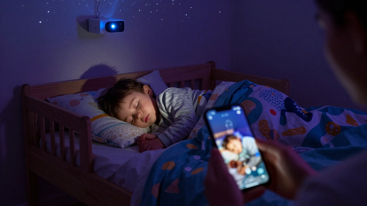 Parent checking a toddler sleeping in a toddler bed via a smartphone monitor app