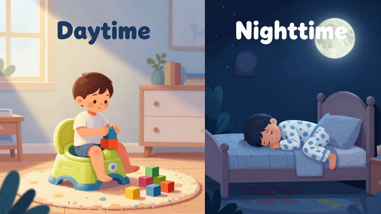 Split illustration showing the difference between daytime and nighttime potty training