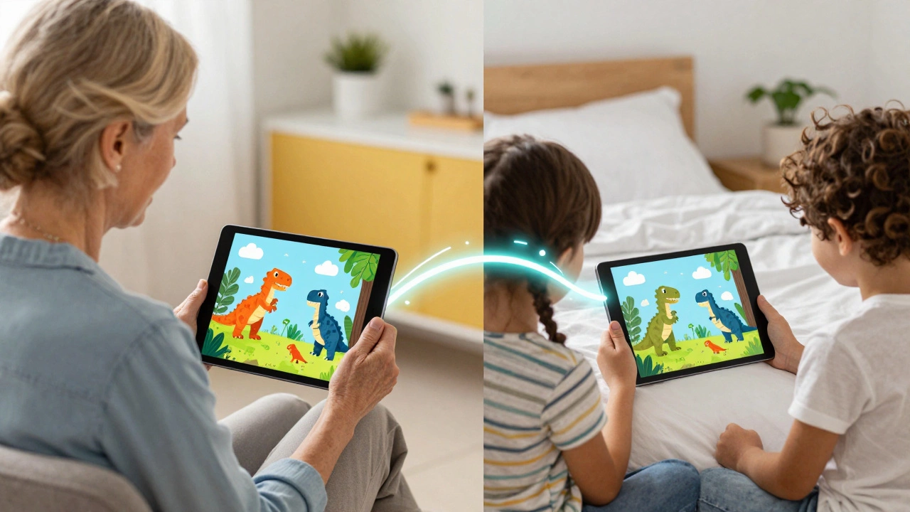 Split-screen showing a grandmother and children reading a synchronized digital dinosaur book.