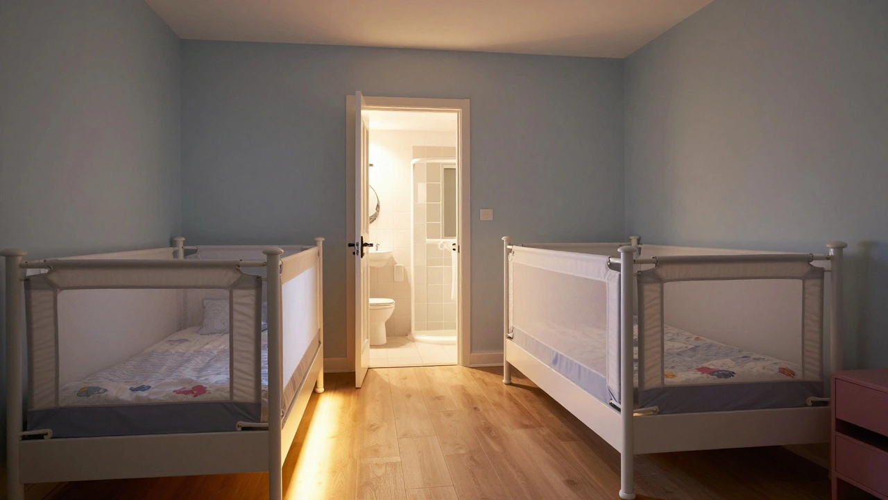 Toddler bed in a dimly lit room with a clear path to the bathroom
