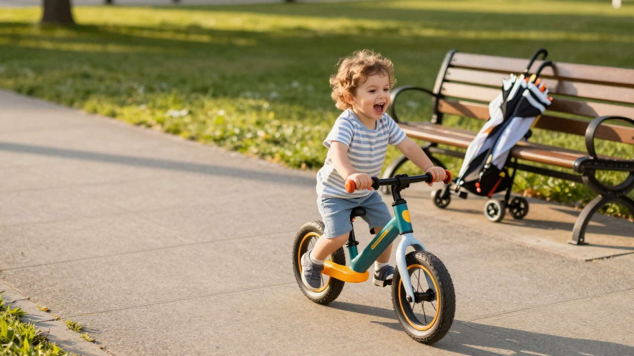 Toddler riding a balance bike next to a folded umbrella stroller