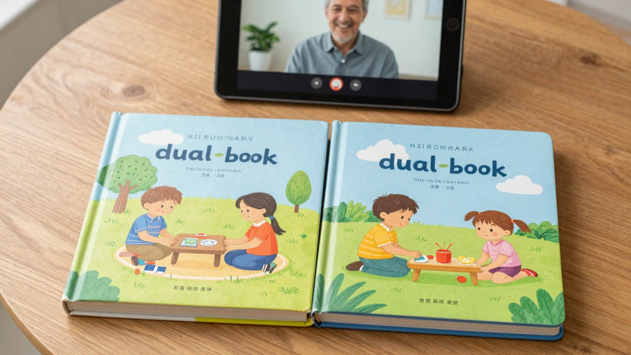 Two identical physical books next to a tablet showing a video call with a grandparent.