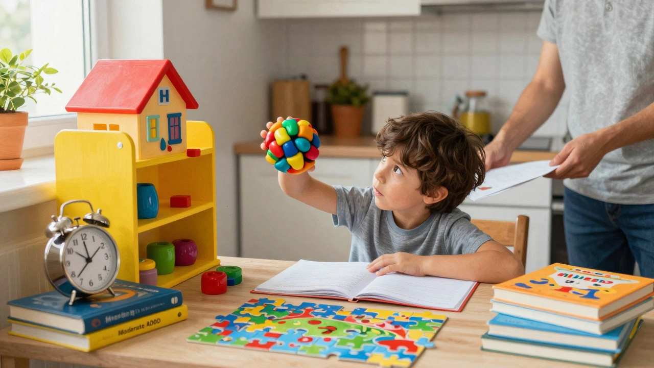 Child struggling to focus on homework amidst scattered toys and distractions.
