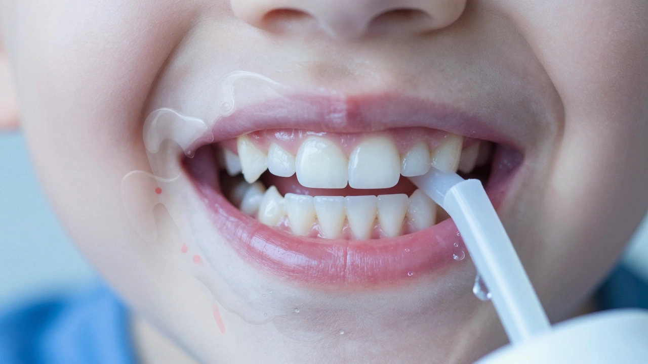 Close up comparison of tooth decay from bottles versus healthy teeth
