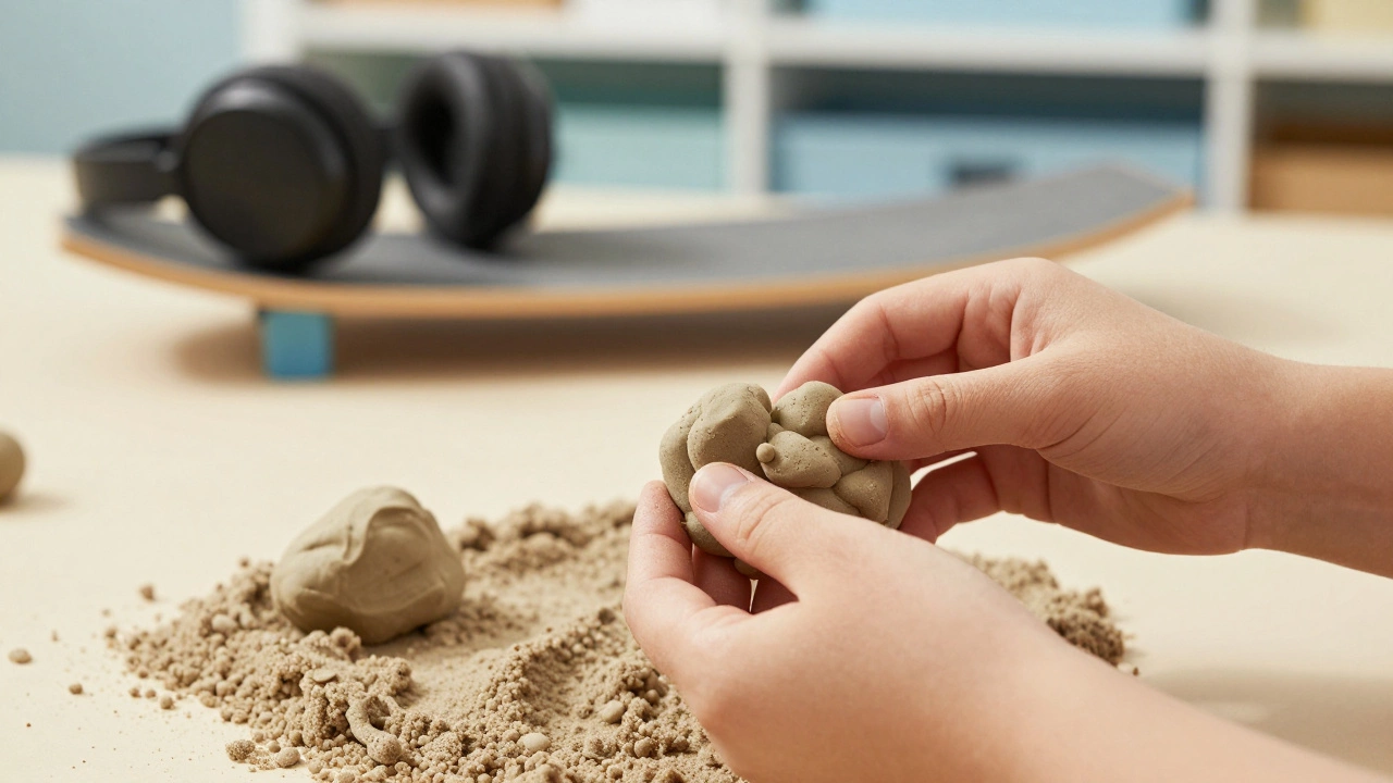 Close-up of hands molding kinetic sand with sensory tools like headphones in background.