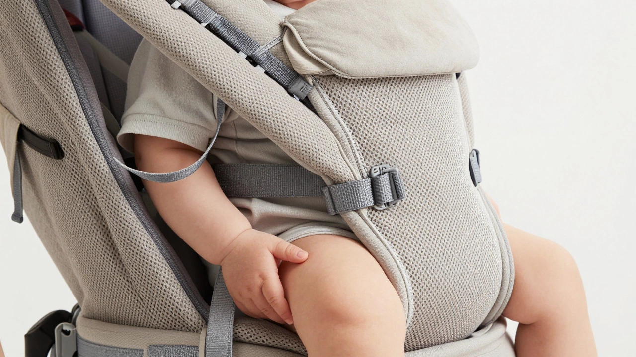 Close-up of mesh carrier straps and reinforced stitching