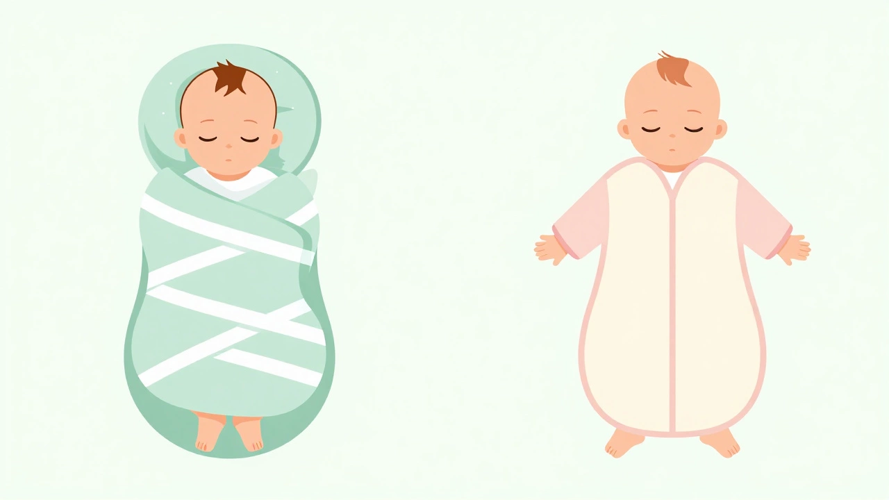 Comparison illustration of hip-healthy swaddle vs wearable sleep sack for infants