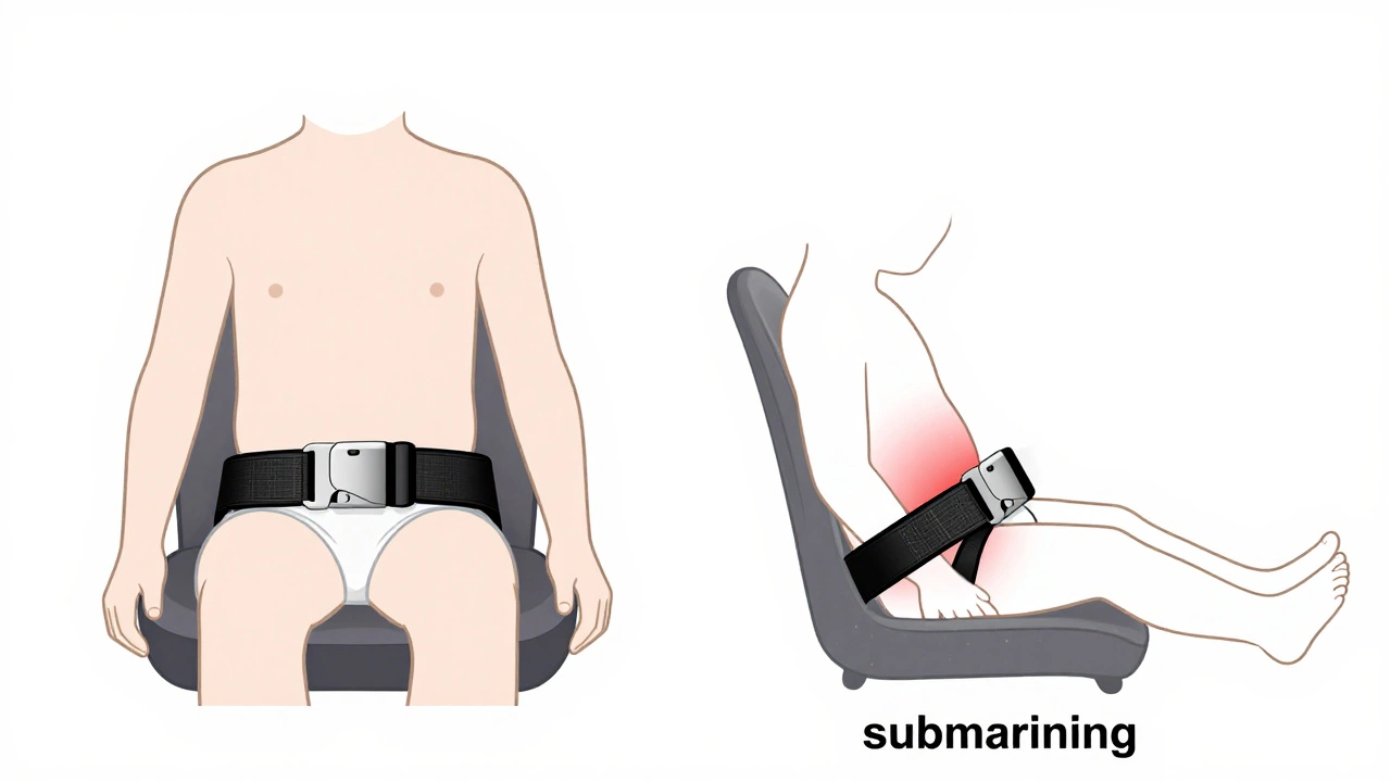 Diagram comparing correct seat belt fit versus dangerous submarining position in children.