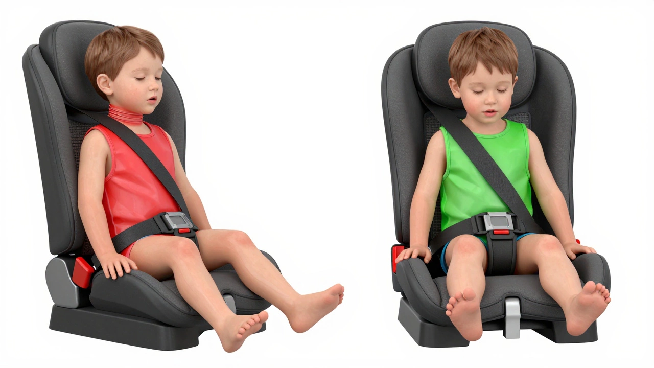 Diagram showing correct vs incorrect seat belt fit on child