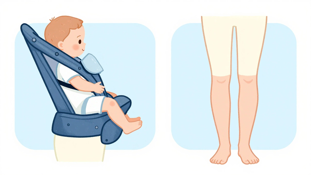 Illustration demonstrating correct M-position hip alignment for babies in carriers.