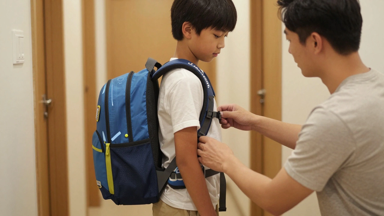 Parent adjusting a child's ergonomic backpack for proper fit