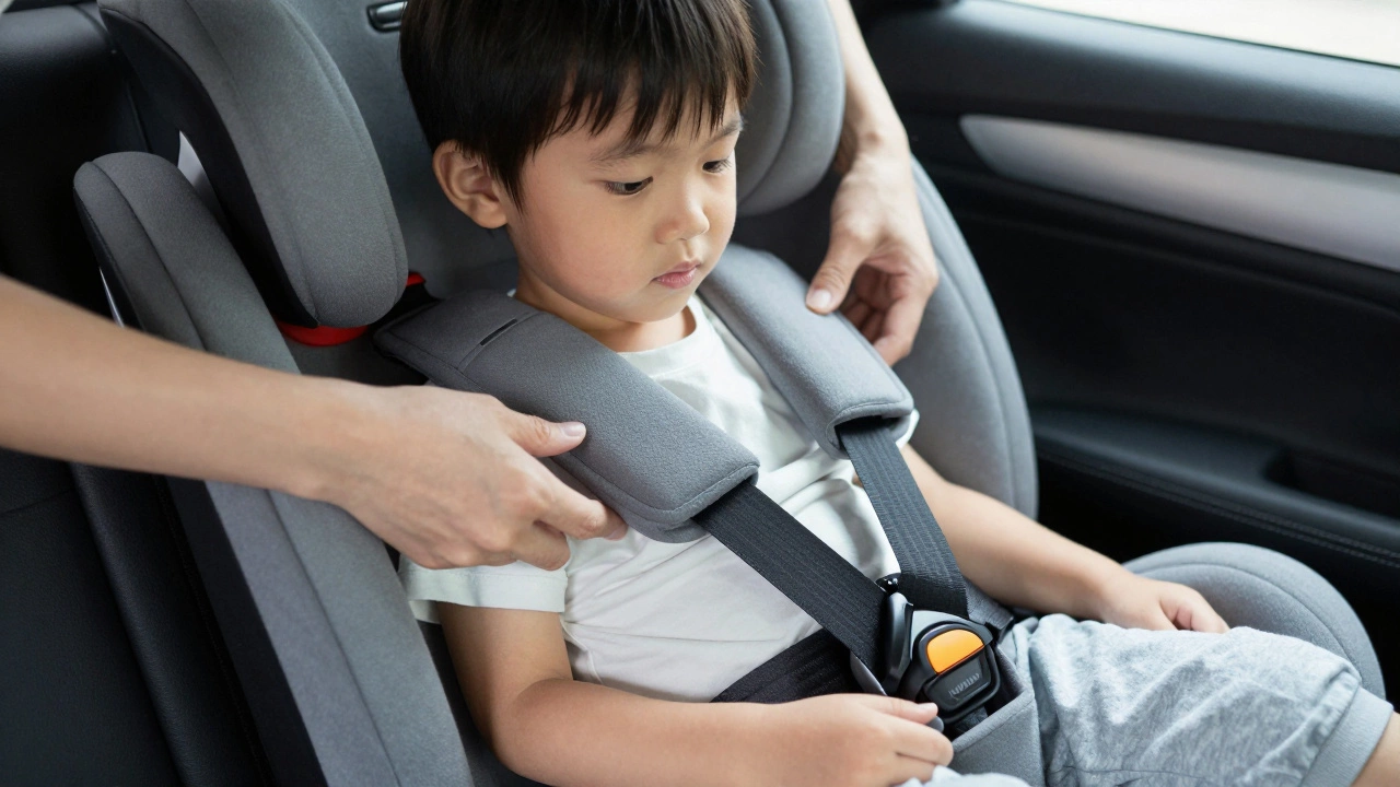 Parent adjusting seat belt on a child in a high-back booster seat for proper fit.