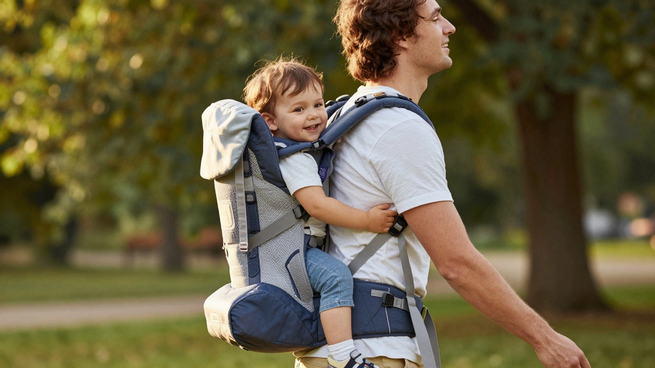 Parent carrying a happy toddler on their back using a soft-structured baby carrier.
