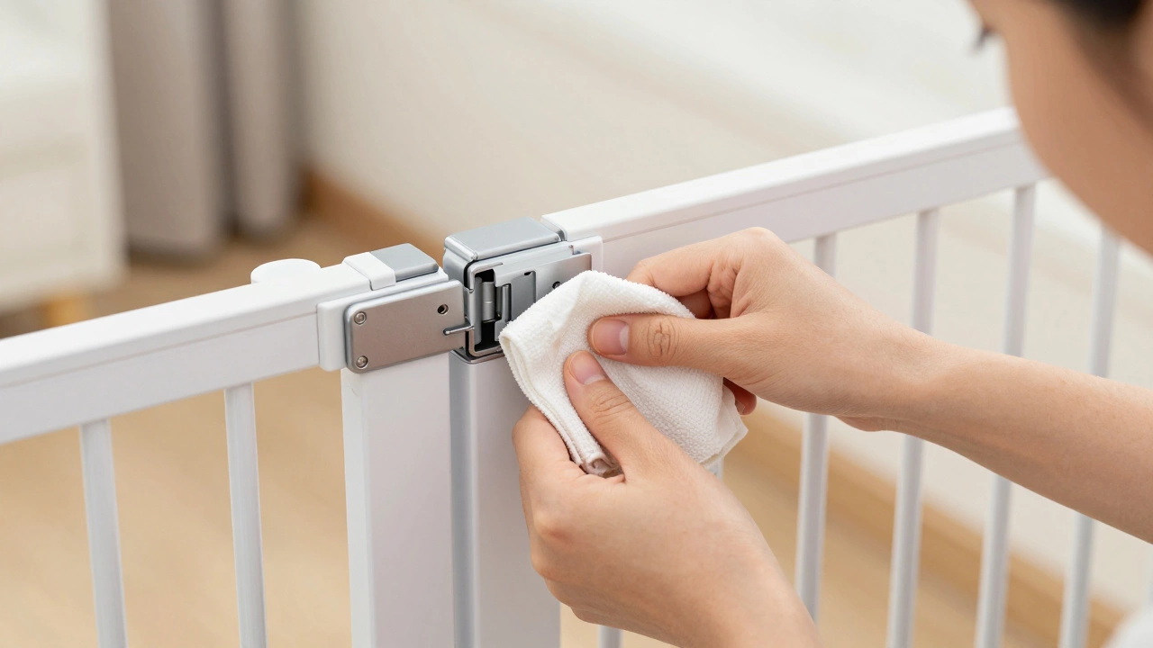 Parent cleaning and checking the latch mechanism of a safety gate.